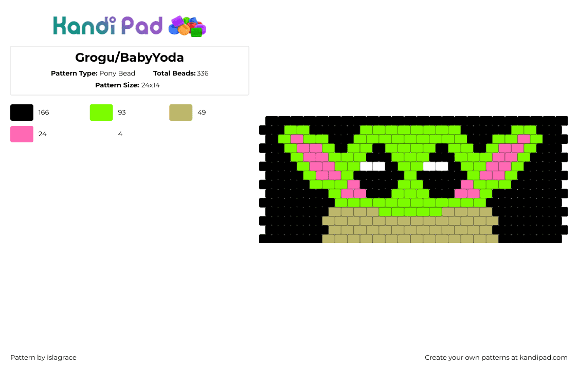 Grogu - Pony Bead Pattern by islagrace on Kandi Pad - grogu,baby yoda,star wars,cute,character,movie,cuff,green,black