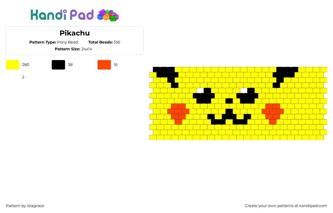 Pikachu - Pony Bead Pattern by islagrace on Kandi Pad - pikachu,pokemon,face,gaming,cuff,cute,smile,yellow