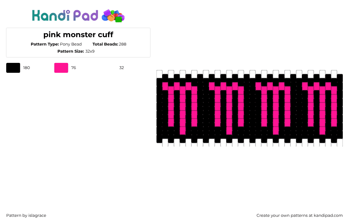 pink monster cuff - Pony Bead Pattern by islagrace on Kandi Pad - black,white,pink