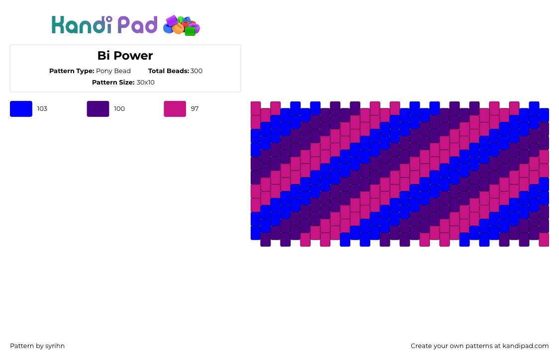 Bi Power - Pony Bead Pattern by syrihn on Kandi Pad - bisexual,pride,diagonal,stripes,cuff,pink,purple,blue