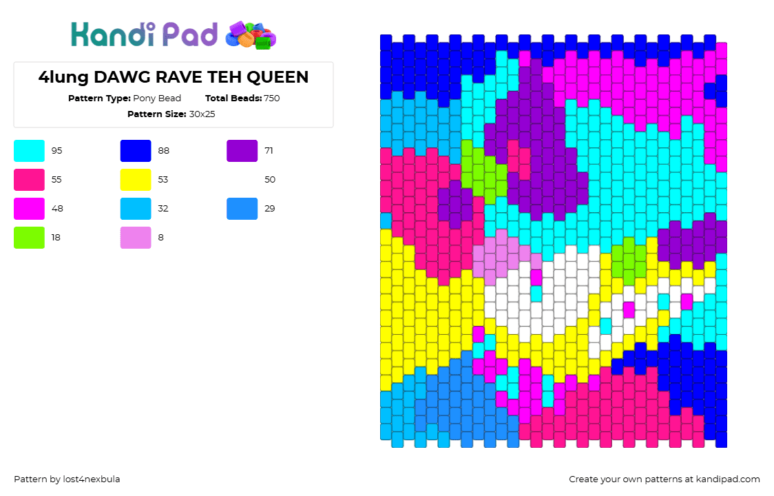 4lung DAWG RAVE TEH QUEEN - Pony Bead Pattern by lost4nexbula on Kandi Pad - 4lung,colorful,album,music,random,neon,pink,yellow,blue