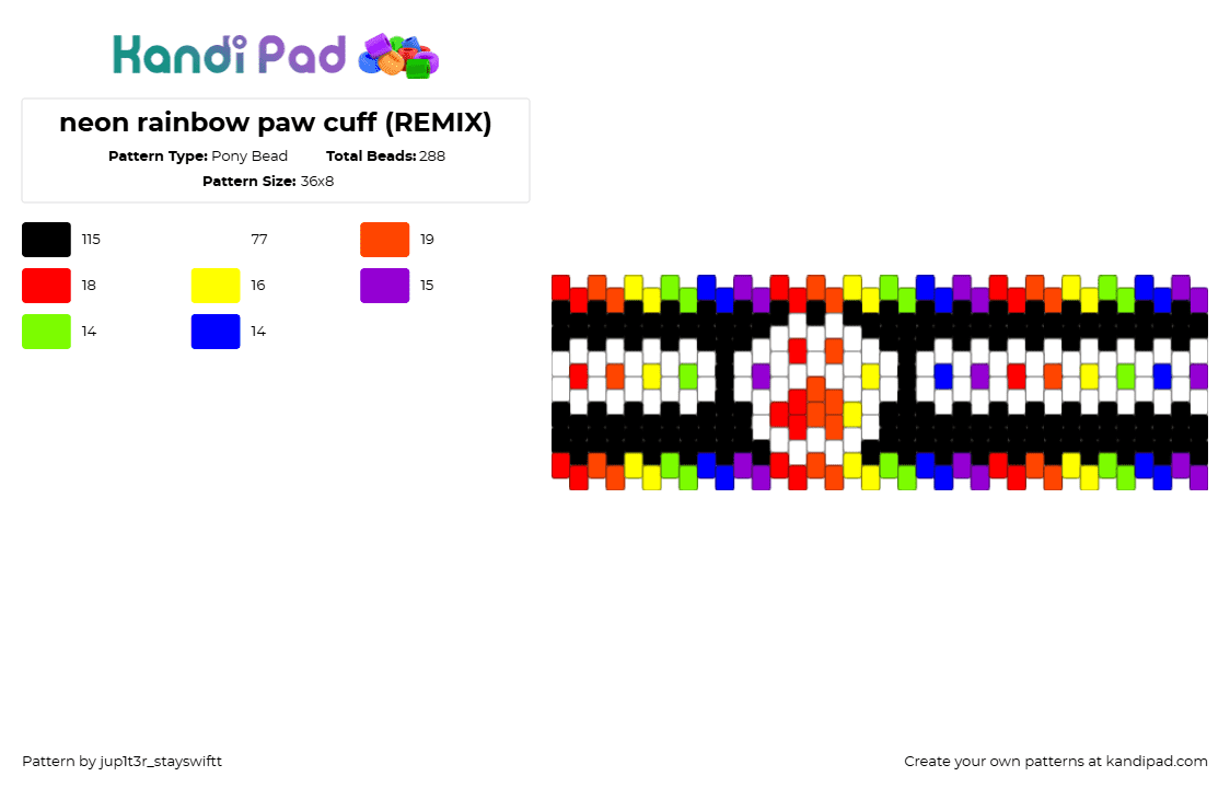 neon rainbow paw cuff (REMIX) - Pony Bead Pattern by jup1t3r_stayswiftt on Kandi Pad - red,purple