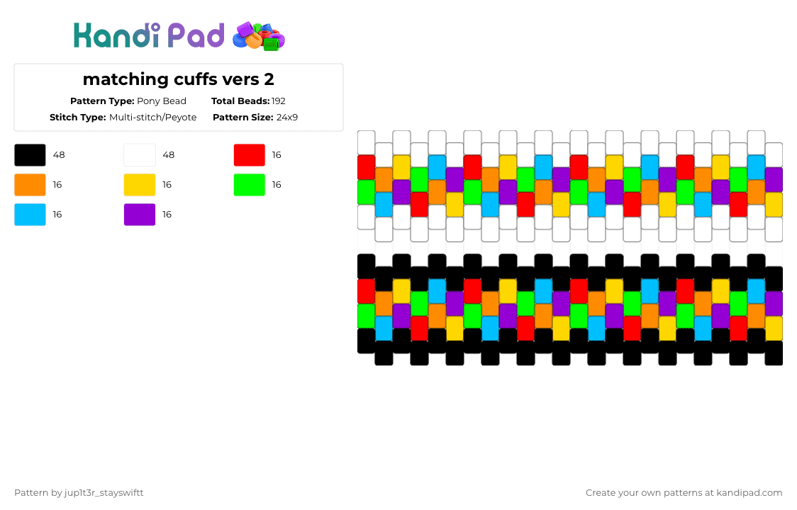 matching cuffs vers 2 - Pony Bead Pattern by jup1t3r_stayswiftt on Kandi Pad - orange,green,purple,colorful,rainbow,black,white