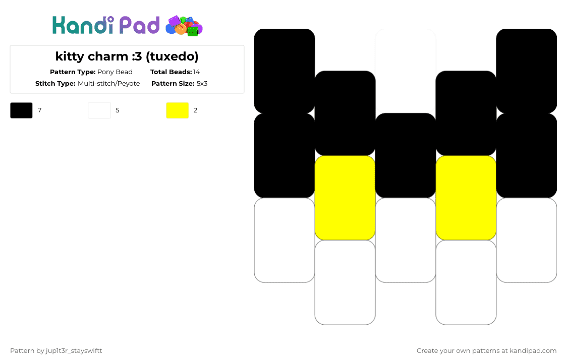 kitty charm :3 (tuxedo) - Pony Bead Pattern by jup1t3r_stayswiftt on Kandi Pad - white,yellow