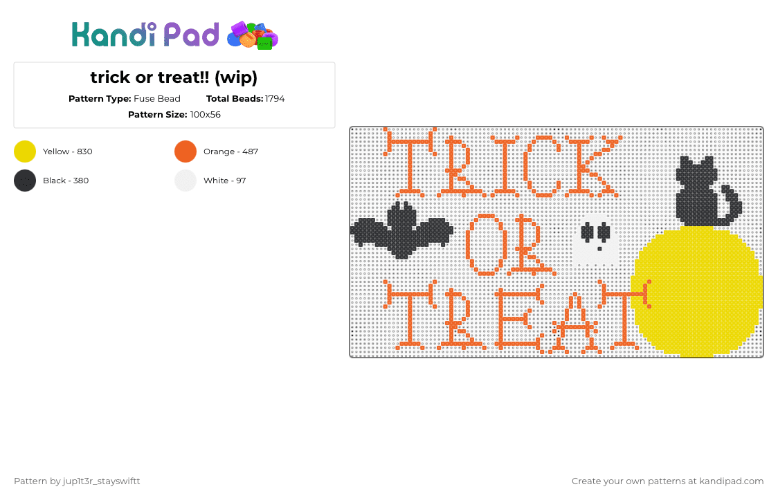 trick or treat!! - Fuse Bead Pattern by jup1t3r_stayswiftt on Kandi Pad - orange,yellow,cotdhalloween2025,black,white,spooky,halloween