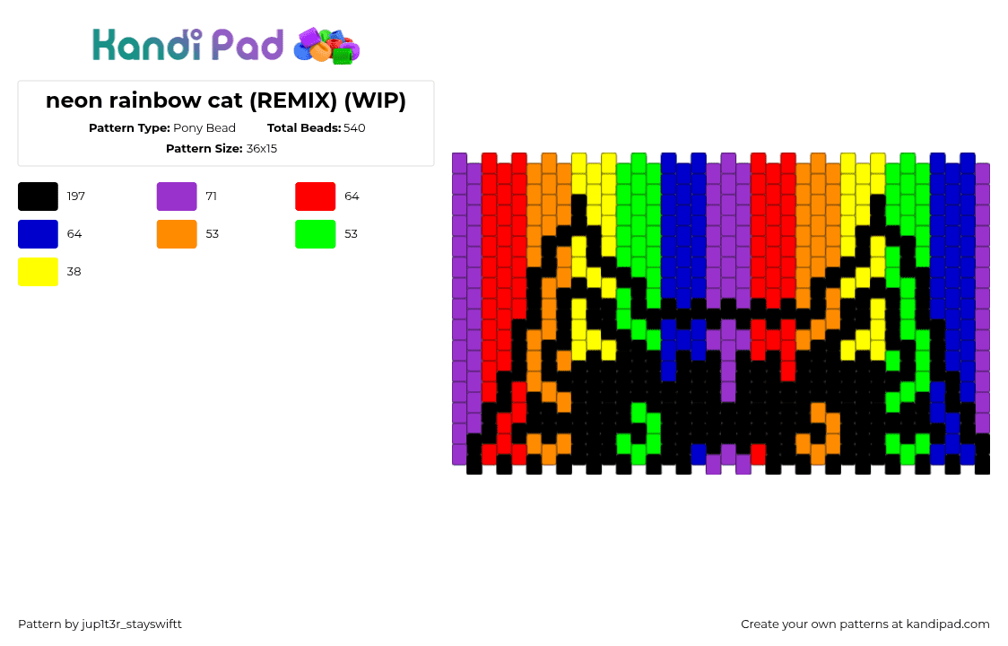 neon rainbow cat (REMIX) - Pony Bead Pattern by jup1t3r_stayswiftt on Kandi Pad - purple,red