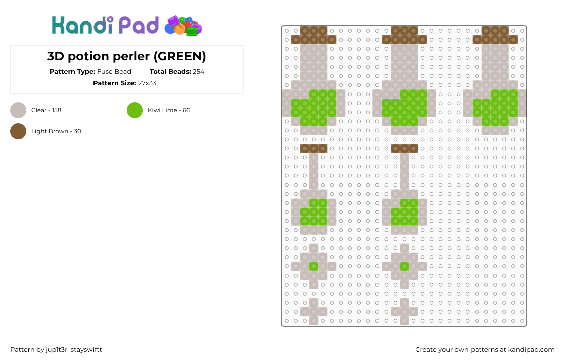 3D potion perler (GREEN) - Fuse Bead Pattern by jup1t3r_stayswiftt on Kandi Pad - beige,potion,magic,green