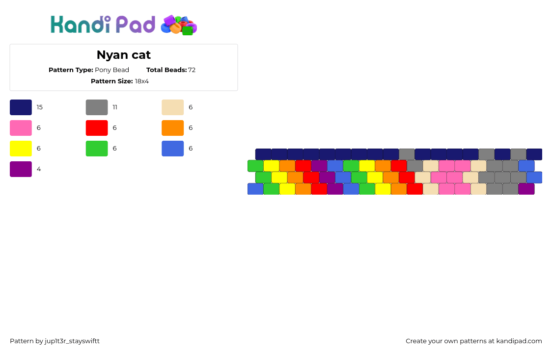 Nyan cat - Pony Bead Pattern by jup1t3r_stayswiftt on Kandi Pad - nyan cat,meme,colorful,bracelet,cuff