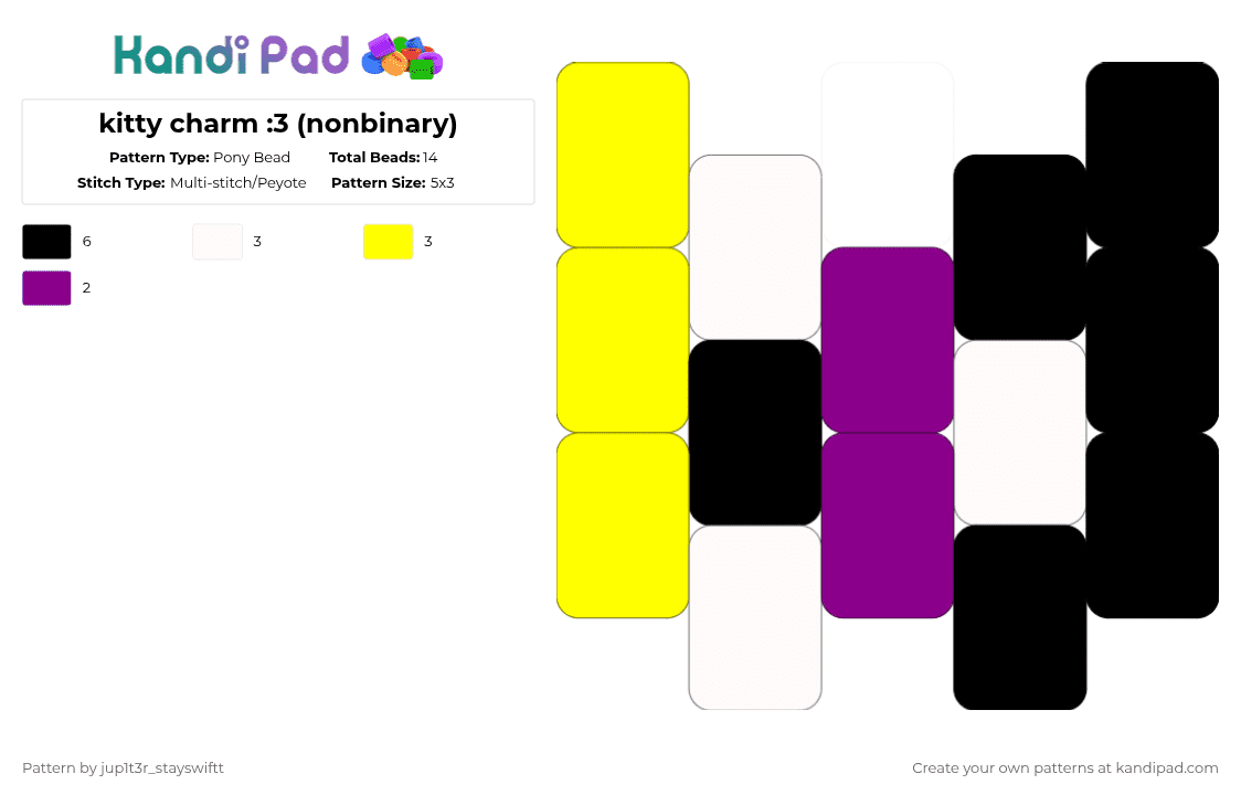 kitty charm :3 (nonbinary) - Pony Bead Pattern by jup1t3r_stayswiftt on Kandi Pad - yellow,pink