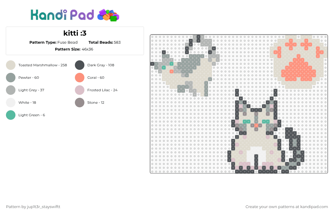 kitti :3 - Fuse Bead Pattern by jup1t3r_stayswiftt on Kandi Pad - gray,beige