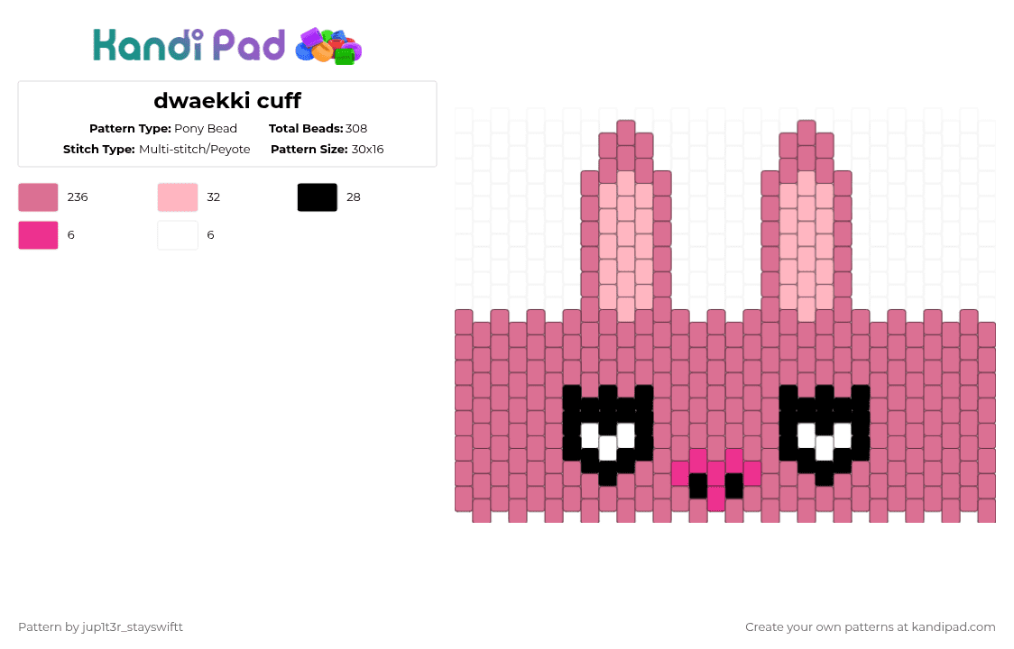dwaekki cuff - Pony Bead Pattern by jup1t3r_stayswiftt on Kandi Pad - pink,skz,cuff,black,white