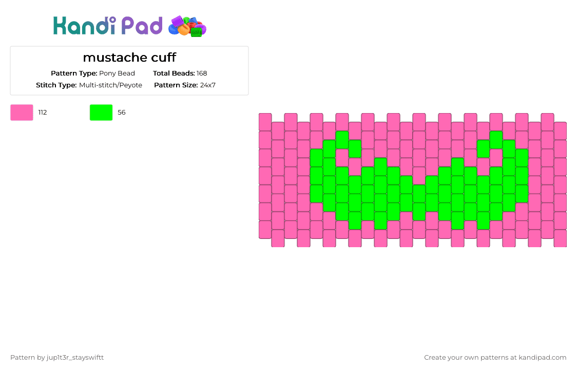 mustache cuff - Pony Bead Pattern by jup1t3r_stayswiftt on Kandi Pad - green,pink,cuff