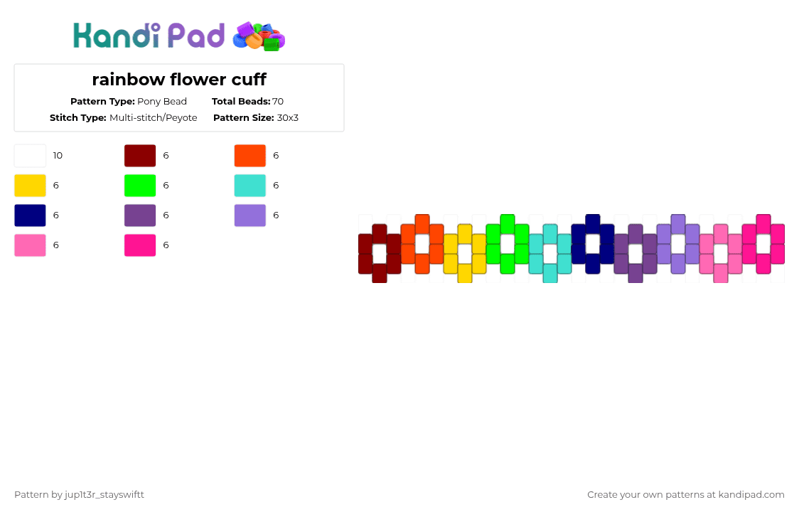rainbow flower cuff - Pony Bead Pattern by jup1t3r_stayswiftt on Kandi Pad - red,purple,pink,cotdflowers
