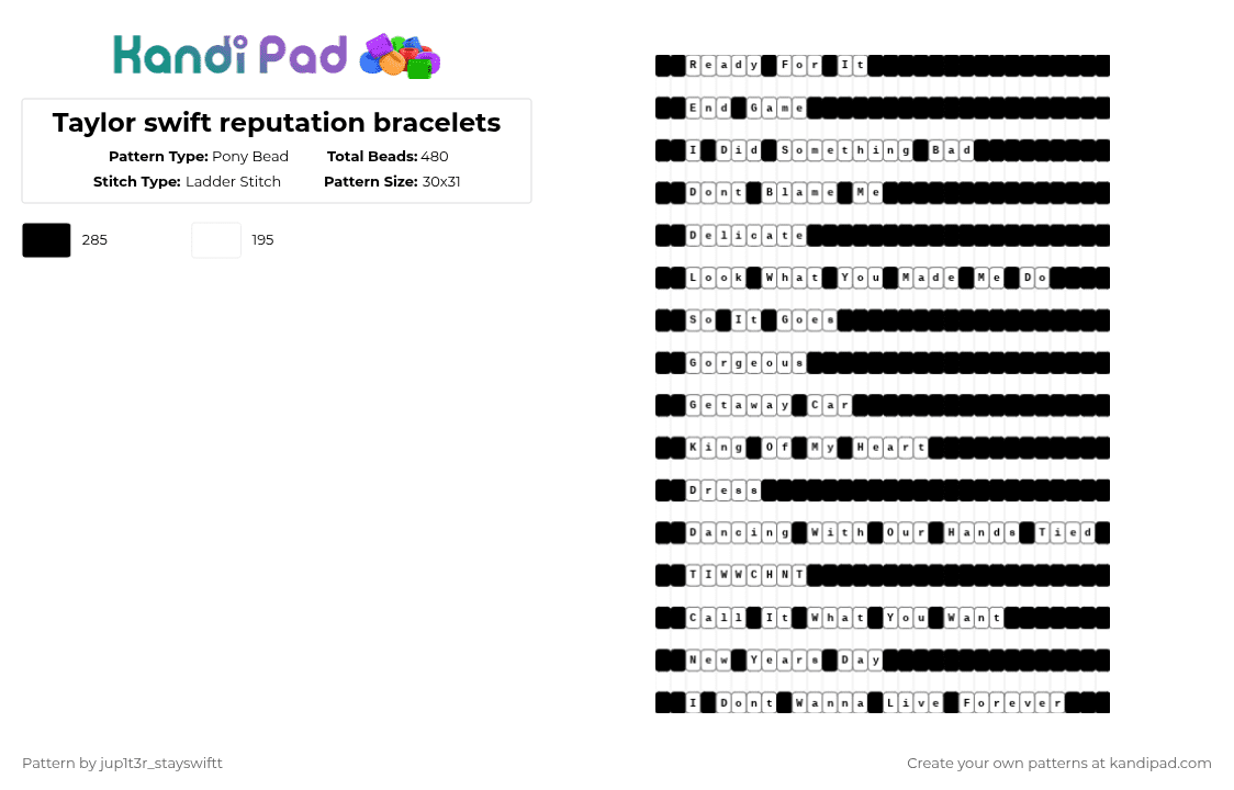 Taylor swift reputation bracelets - Pony Bead Pattern by jup1t3r_stayswiftt on Kandi Pad - black, white