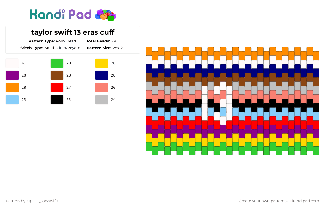 taylor swift 13 eras cuff - Pony Bead Pattern by jup1t3r_stayswiftt on Kandi Pad - red,orange