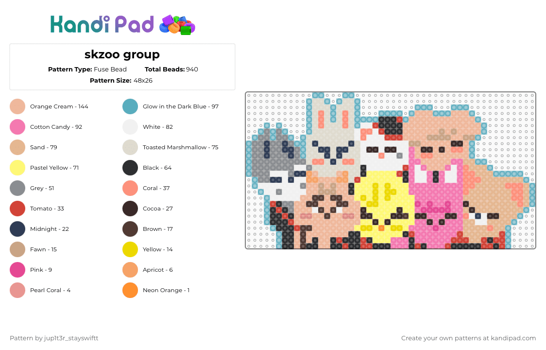 skzoo group - Fuse Bead Pattern by jup1t3r_stayswiftt on Kandi Pad - beige,yellow,pink,light blue