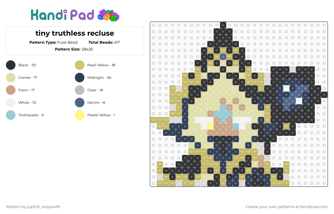 tiny truthless recluse - Fuse Bead Pattern by jup1t3r_stayswiftt on Kandi Pad - yellow,purple