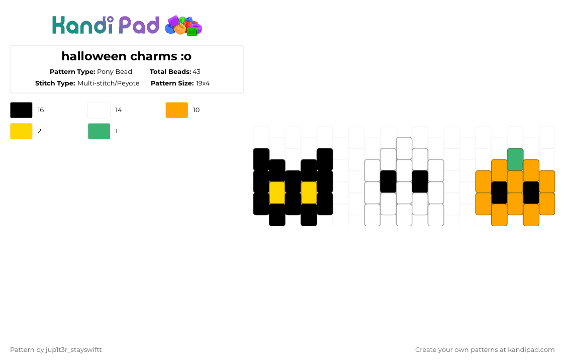 halloween charms :o - Pony Bead Pattern by jup1t3r_stayswiftt on Kandi Pad - halloween,cat,jackolantern,pumpkin,ghost,simple,charms,cute,holiday,spooky,animal,white,orange