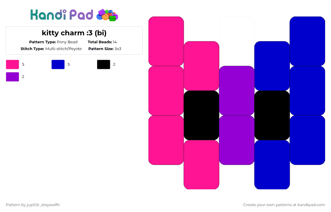 kitty charm :3 (bi) - Pony Bead Pattern by jup1t3r_stayswiftt on Kandi Pad - pink,purple
