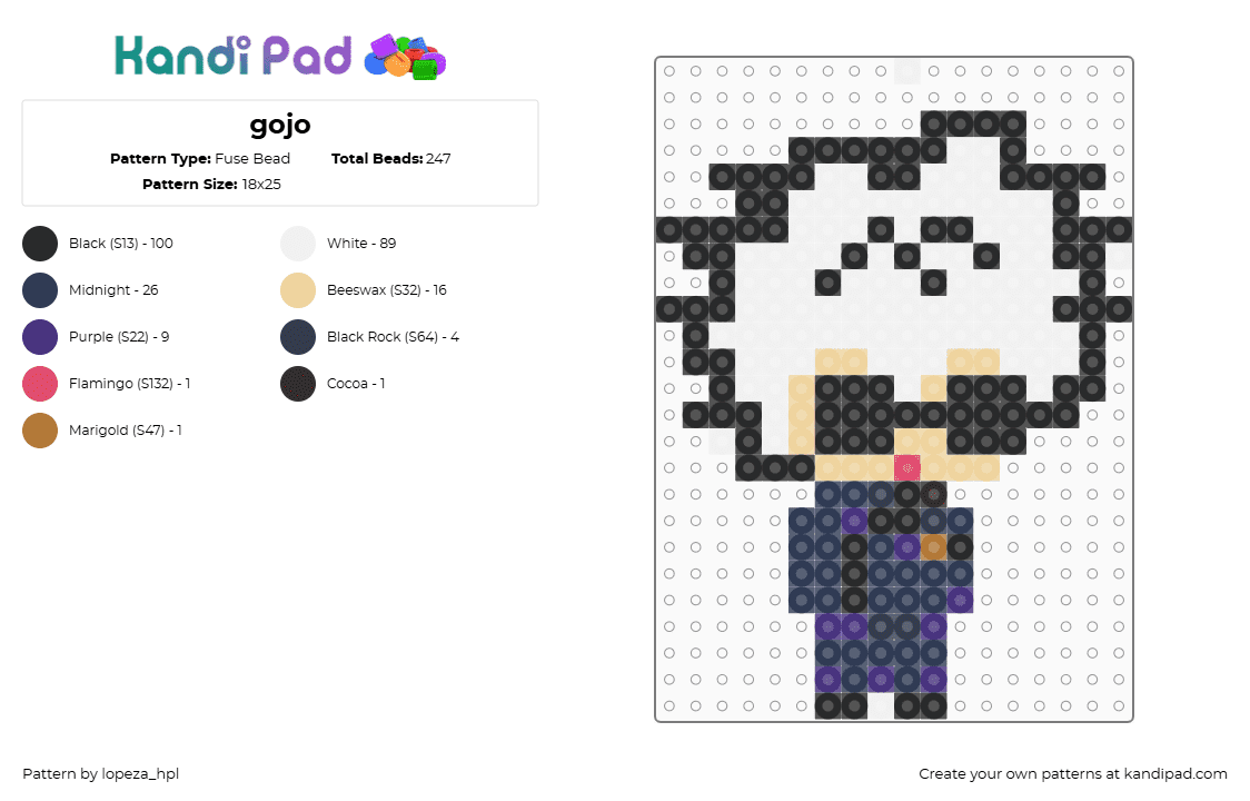 gojo - Fuse Bead Pattern by lopeza_hpl on Kandi Pad - satoru gojo,jujutsu kaisen,anime,character,chibi,purple,white