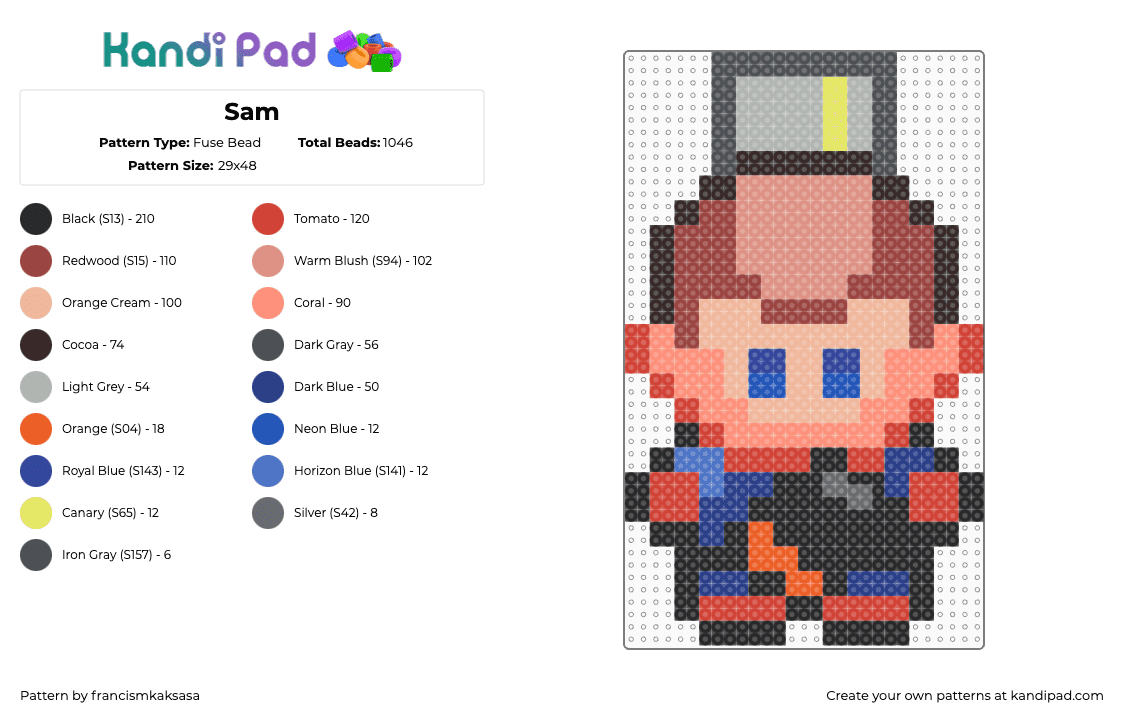 Sam - Fuse Bead Pattern by francismkaksasa on Kandi Pad - orange,red,beige,death stranding,pixel,game