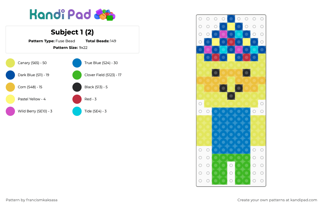 Subject 1 (2) - Fuse Bead Pattern by francismkaksasa on Kandi Pad - yellow,blue