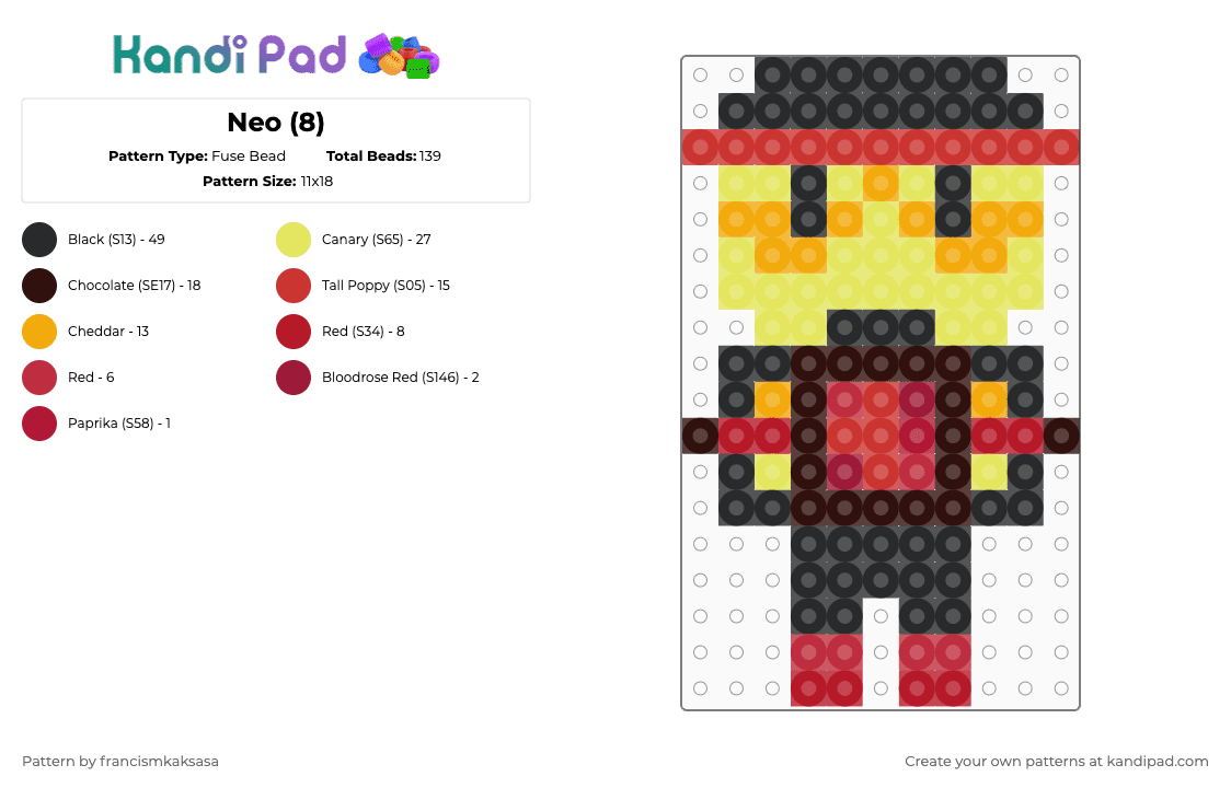 Neo (8) - Fuse Bead Pattern by francismkaksasa on Kandi Pad - yellow,red