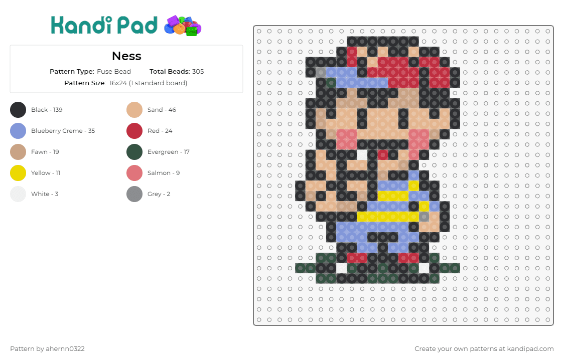 Ness - Fuse Bead Pattern by ahernn0322 on Kandi Pad - ness,earthbound,nintendo,super smash bros,character,boy,peace,happy,playful,tan,red