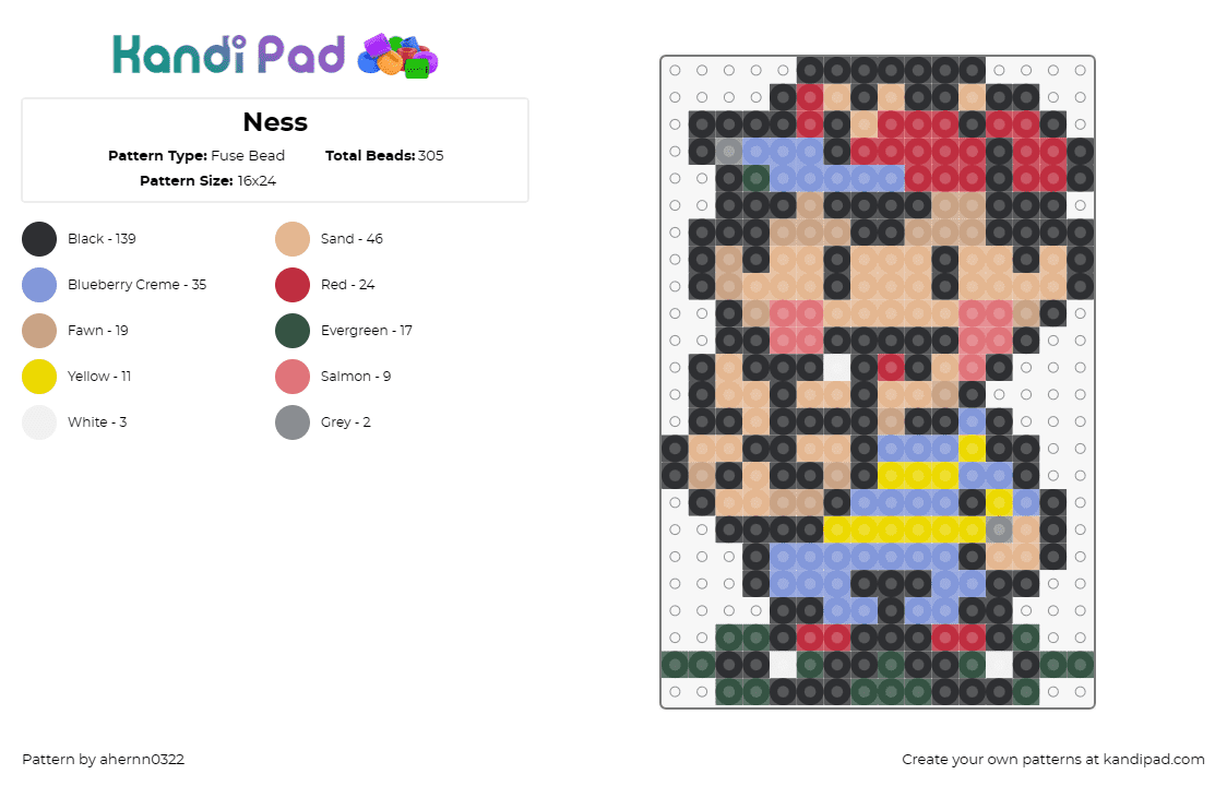 Ness - Fuse Bead Pattern by ahernn0322 on Kandi Pad - ness,earthbound,nintendo,super smash bros,character,boy,peace,happy,playful,tan,