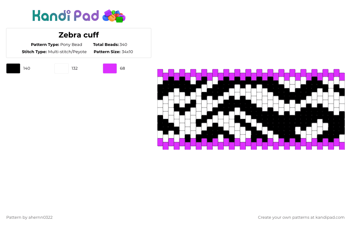 Zebra cuff - Pony Bead Pattern by ahernn0322 on Kandi Pad - pink,white