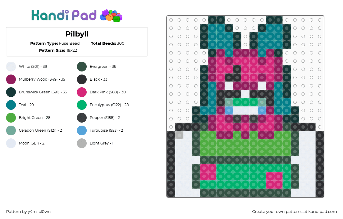Pilby!! - Fuse Bead Pattern by y4rn_cl0wn on Kandi Pad - gray, green, pilby, pink, regretevator, teal