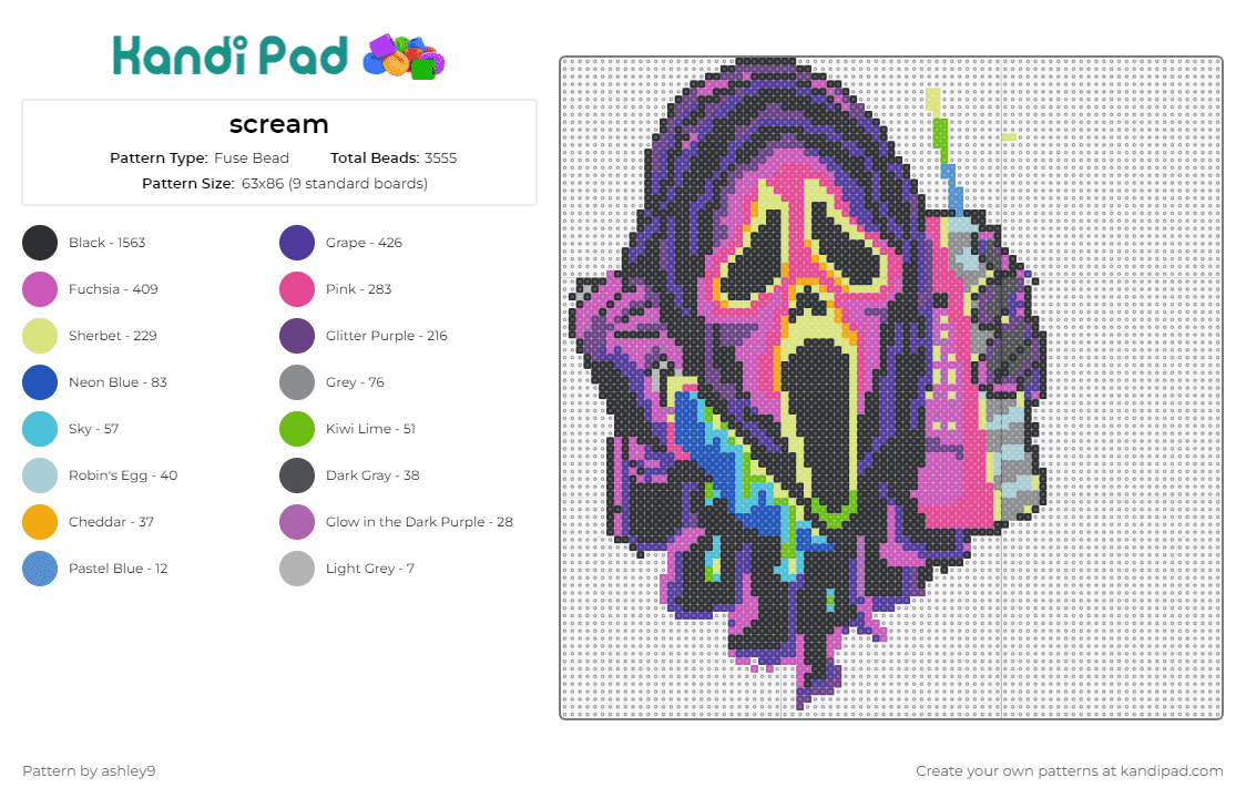 scream - Fuse Bead Pattern by ashley9 on Kandi Pad - ghost face,scream,horror,spooky,colorful,thriller,classic,iconic,enthusiasts,purple,pink