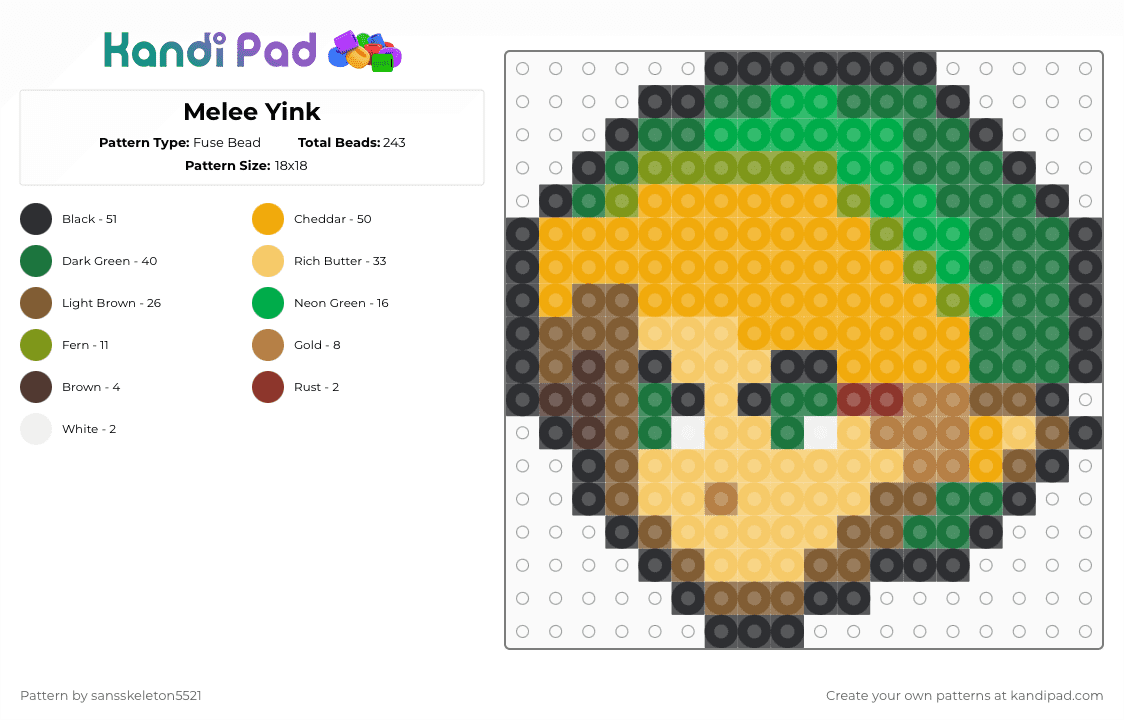 Melee Yink - Fuse Bead Pattern by sansskeleton5521 on Kandi Pad - green,orange,tan,yellow