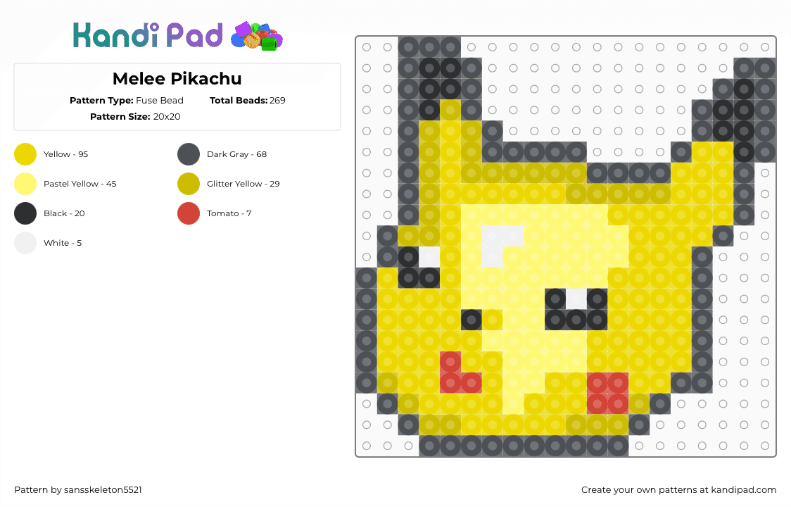 Melee Pikachu - Fuse Bead Pattern by sansskeleton5521 on Kandi Pad - yellow