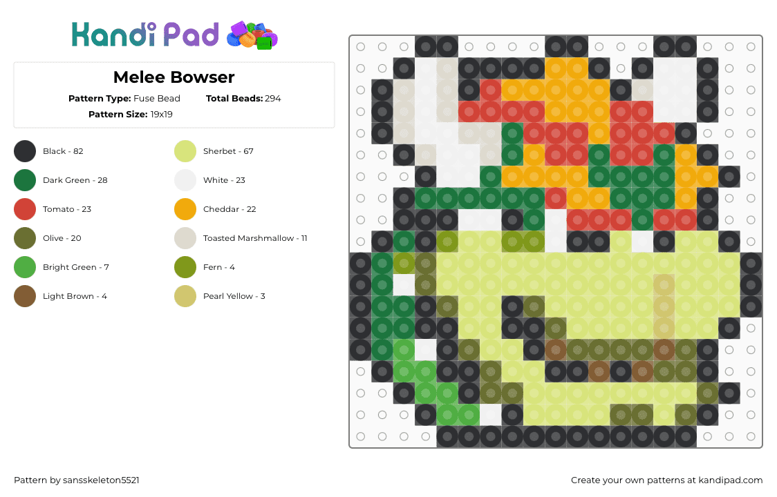 Melee Bowser - Fuse Bead Pattern by sansskeleton5521 on Kandi Pad - green,yellow