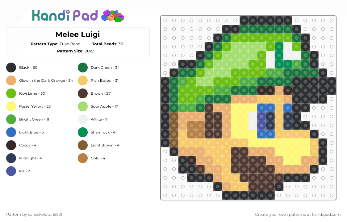 Melee Luigi - Fuse Bead Pattern by sansskeleton5521 on Kandi Pad - luigi,super smash bros,icon,head,character,green,brown,orange,yellow