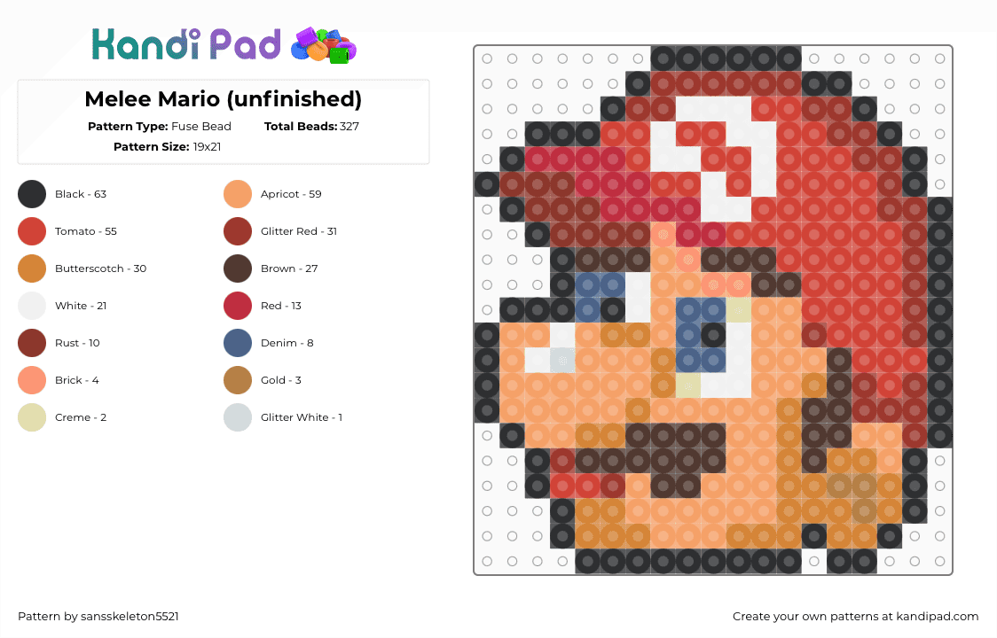 Melee Mario - Fuse Bead Pattern by sansskeleton5521 on Kandi Pad - red,orange