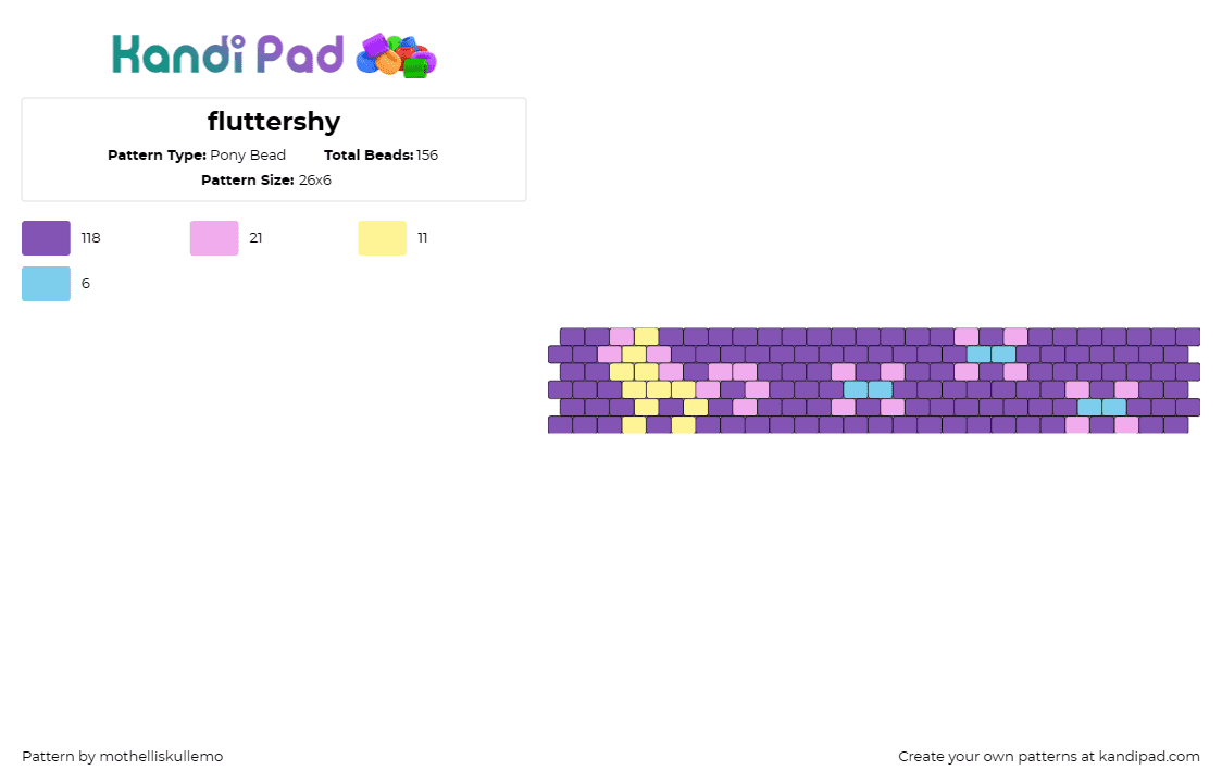 fluttershy - Pony Bead Pattern by mothelliskullemo on Kandi Pad - fluttershy,my little pony,character,cuff,butterflies,simple,cute,purple