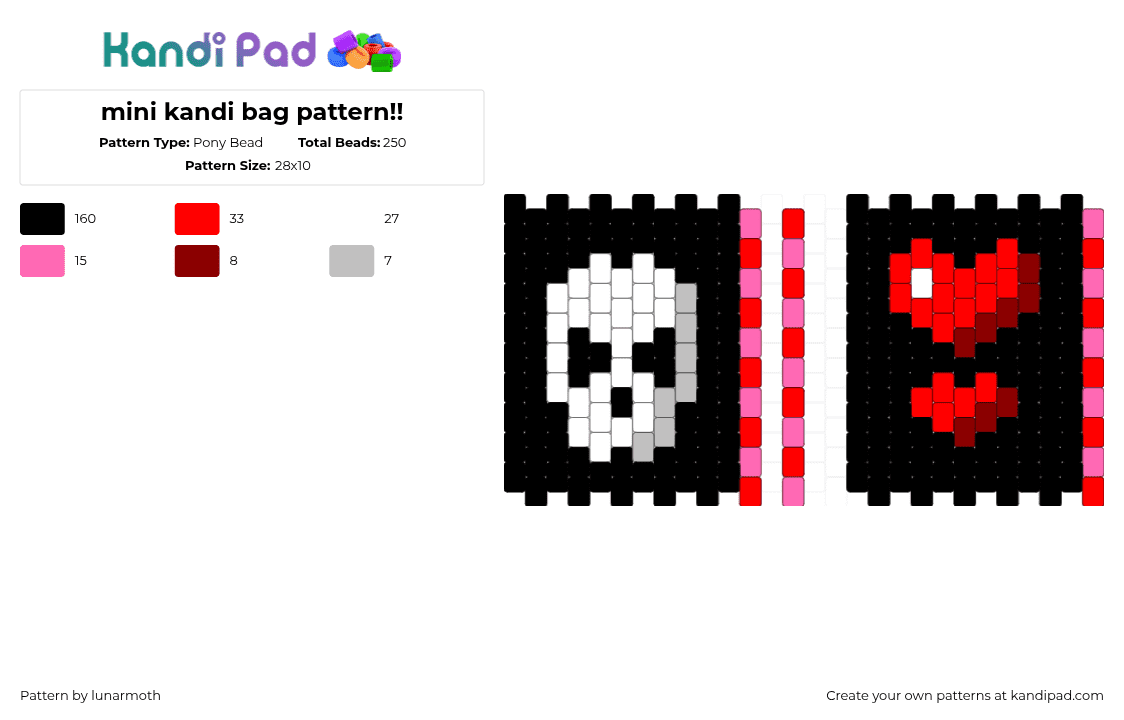 mini kandi bag pattern!! - Pony Bead Pattern by lunarmoth on Kandi Pad - black,red,kandi,bag,skull,heart,mini,cute