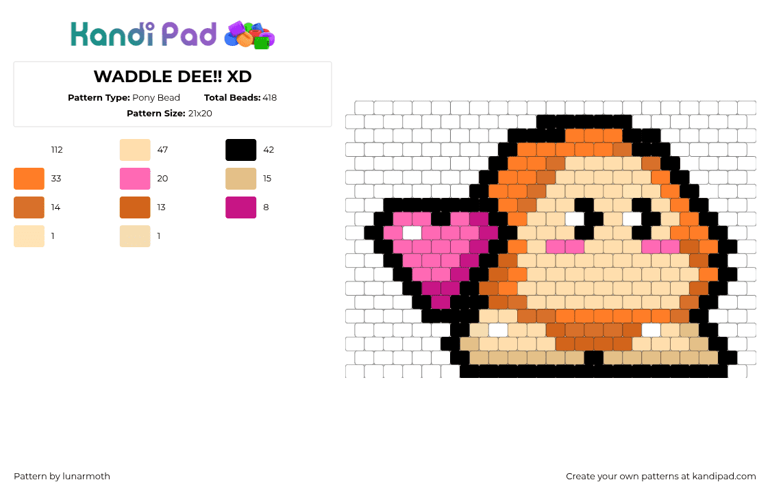 WADDLE DEE!! XD - Pony Bead Pattern by lunarmoth on Kandi Pad - orange,beige,flat,waddle dee,kirby,game,cute,heart,valentines day