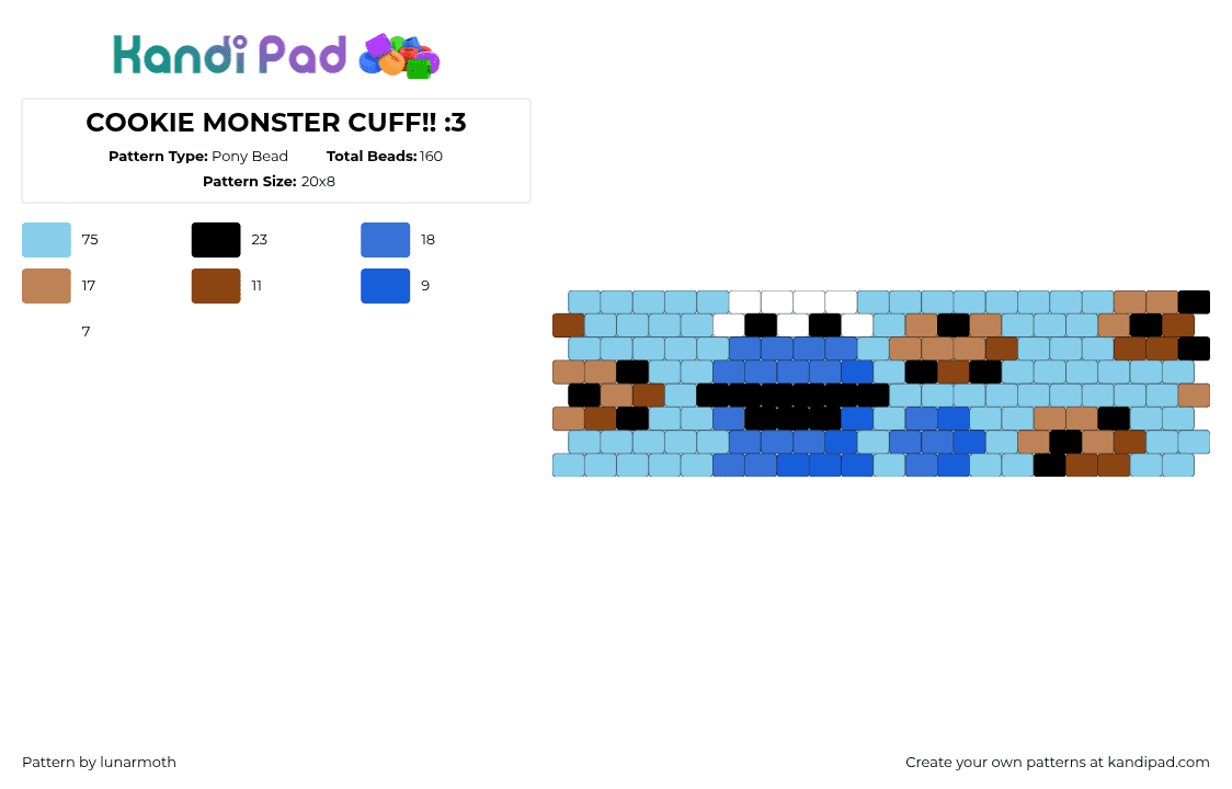 COOKIE MONSTER CUFF!! :3 - Pony Bead Pattern by lunarmoth on Kandi Pad - light blue,cookie,cookie monster,sesame street,goofy,cuff