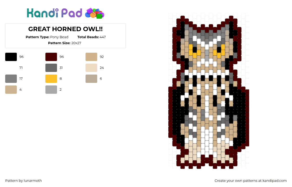 GREAT HORNED OWL!! - Pony Bead Pattern by lunarmoth on Kandi Pad - beige,brown,owl,horned owl,great horned owl,bird,animal,cute