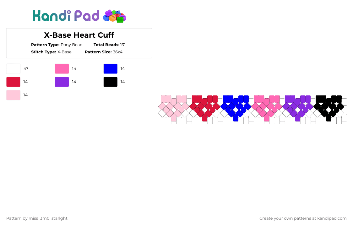 X-Base Heart Cuff - Pony Bead Pattern by miss_3m0_starlght on Kandi Pad - pink,purple