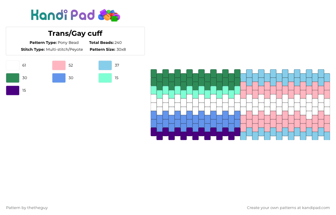 Trans/Gay cuff - Pony Bead Pattern by thetheguy on Kandi Pad - light blue,pink,trans,gay,cuff