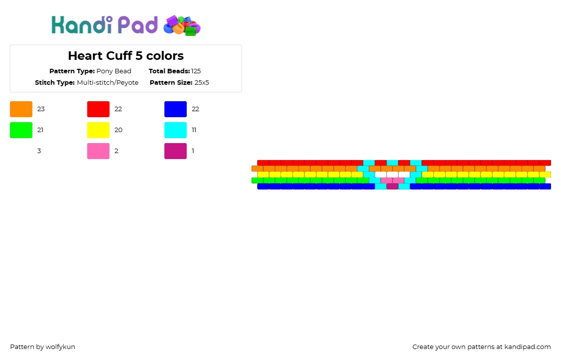 Heart Cuff 5 colors Pony Bead Pattern - Kandi Pad | Kandi Patterns ...