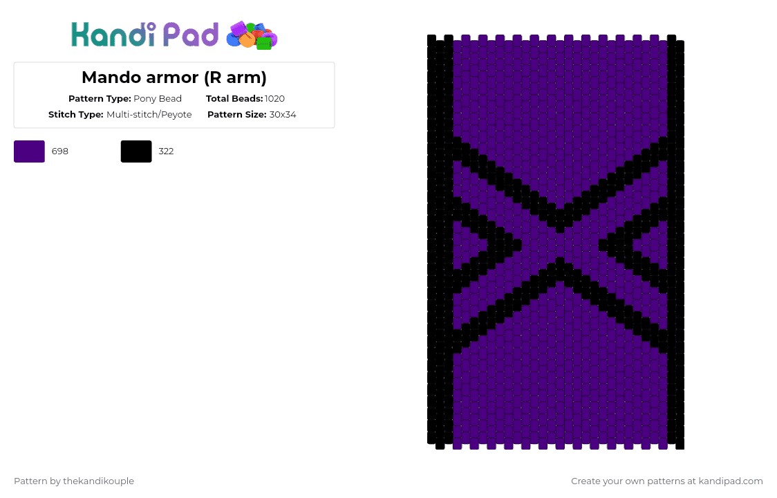 Mando armor (R arm) - Pony Bead Pattern by thekandikouple on Kandi Pad - black,purple