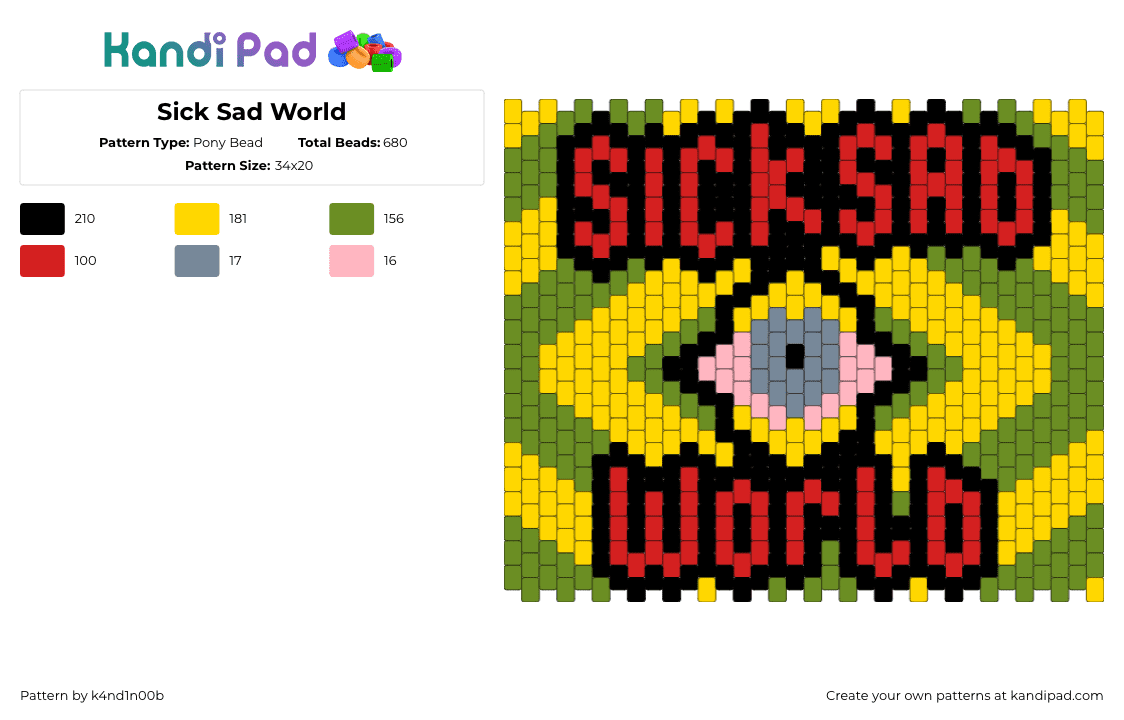 Sick Sad World - Pony Bead Pattern by k4nd1n00b on Kandi Pad - yellow,green,red,daria,mtv