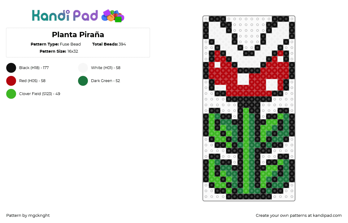 Planta Piraña - Fuse Bead Pattern by mgcknght on Kandi Pad - red,green,mario bros,piranha plant,super mario bros