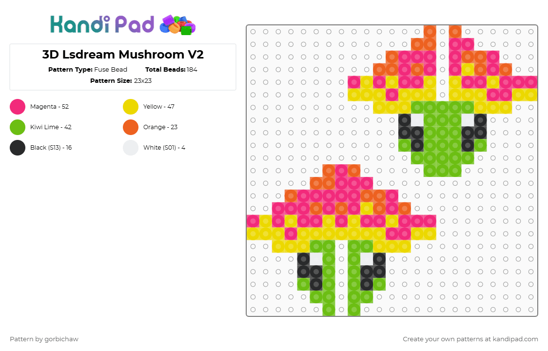 3D Lsdream Mushroom V2 - Fuse Bead Pattern by gorbichaw on Kandi Pad - psychedelic,dj,music,nature,yellow,pink,green,lsdream,mushroom,3d