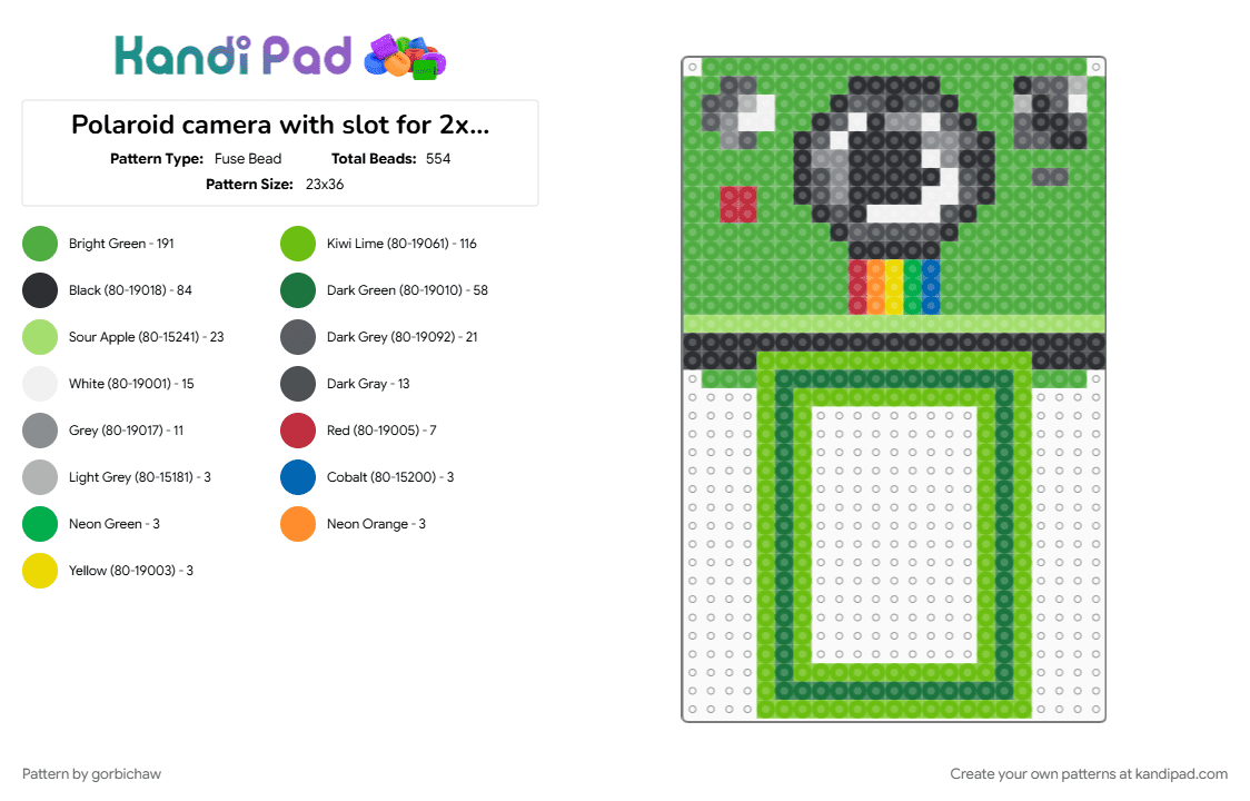 Polaroid camera with slot for 2x3 photo - Fuse Bead Pattern by gorbichaw on Kandi Pad - 2x3, frame, green, photo, photo frame, polaroid, polaroid frame